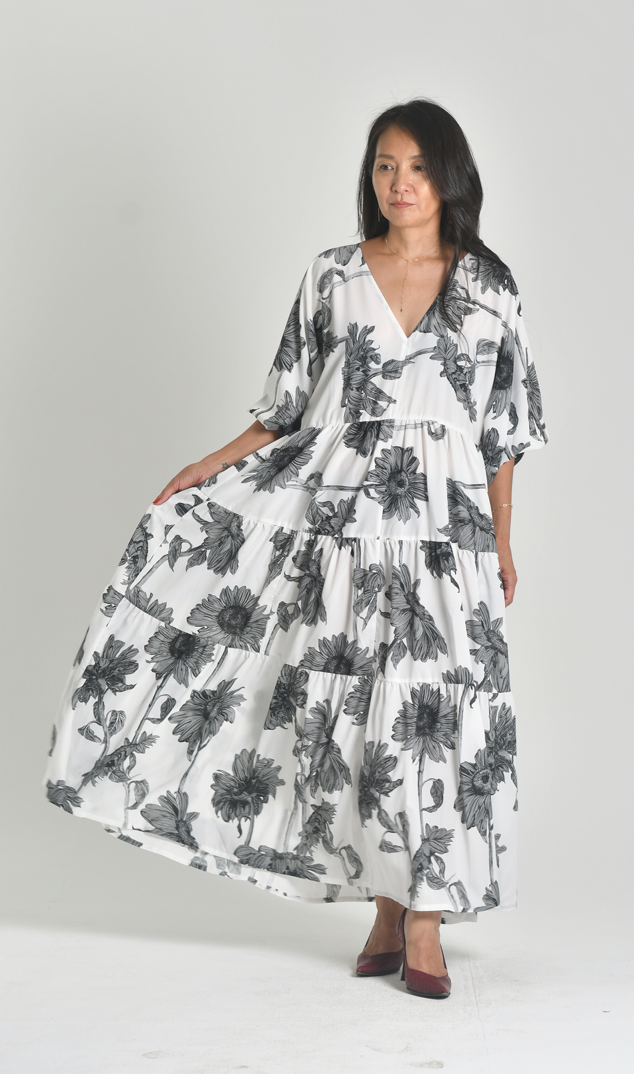 Vネックティアードワンピース | Himawari nomo white